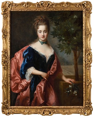Portrait de dame en robe bleue et surmanteau de soie rose - François de TROY (1645-1730), La Belle Menuisière, Toile