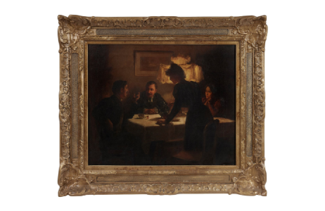 Marcel RIEDER (1862-1942) Repas nocturne entre amis, Victor et Caroline Tardieu à la table des Rieder. Huile sur toile